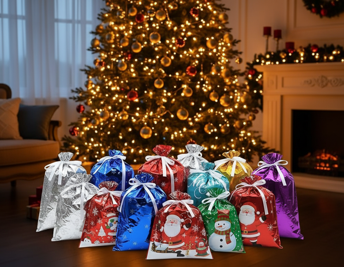 Cozy Christmas living room with gift bags under glowing tree